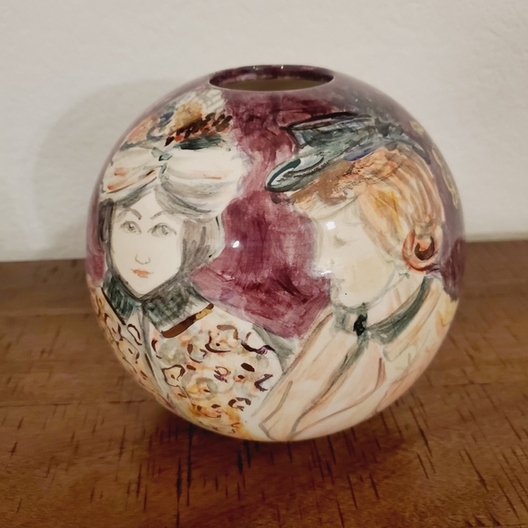 Rare Round Studio Art Pottery Portrait Ceramic Vase Women Man Art Nouveau Signed